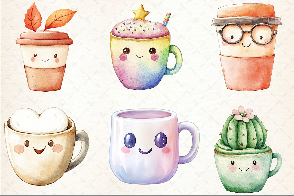 Watercolor Kawaii Coffee Cup Clipart, an Illustration by Rose Art (Photo 3 of 3)