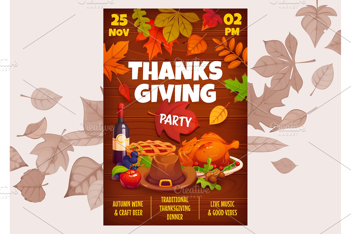 Thanksgiving Day party flyer, a Seasonal Illustration by Vector Tradition (Photo 1 of 3)