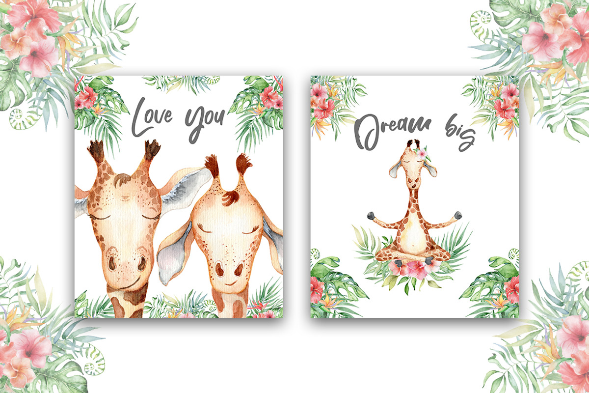 Lovely Giraffes watercolor set, an Animal Illustration by Evgeniia