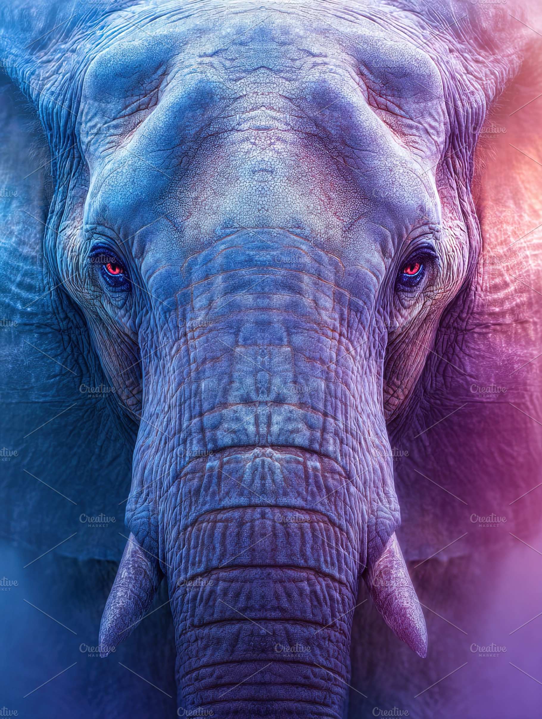 Close-up of an African elephant’s face in vivid blue and pink, an Animal Photo by Ales Munt