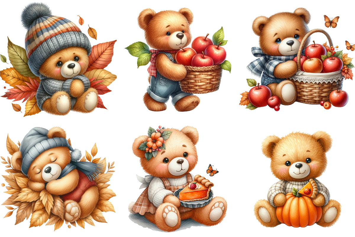 Autumn Teddy Bear Clipart, an Illustration by Watercolor design (Photo 2 of 4)