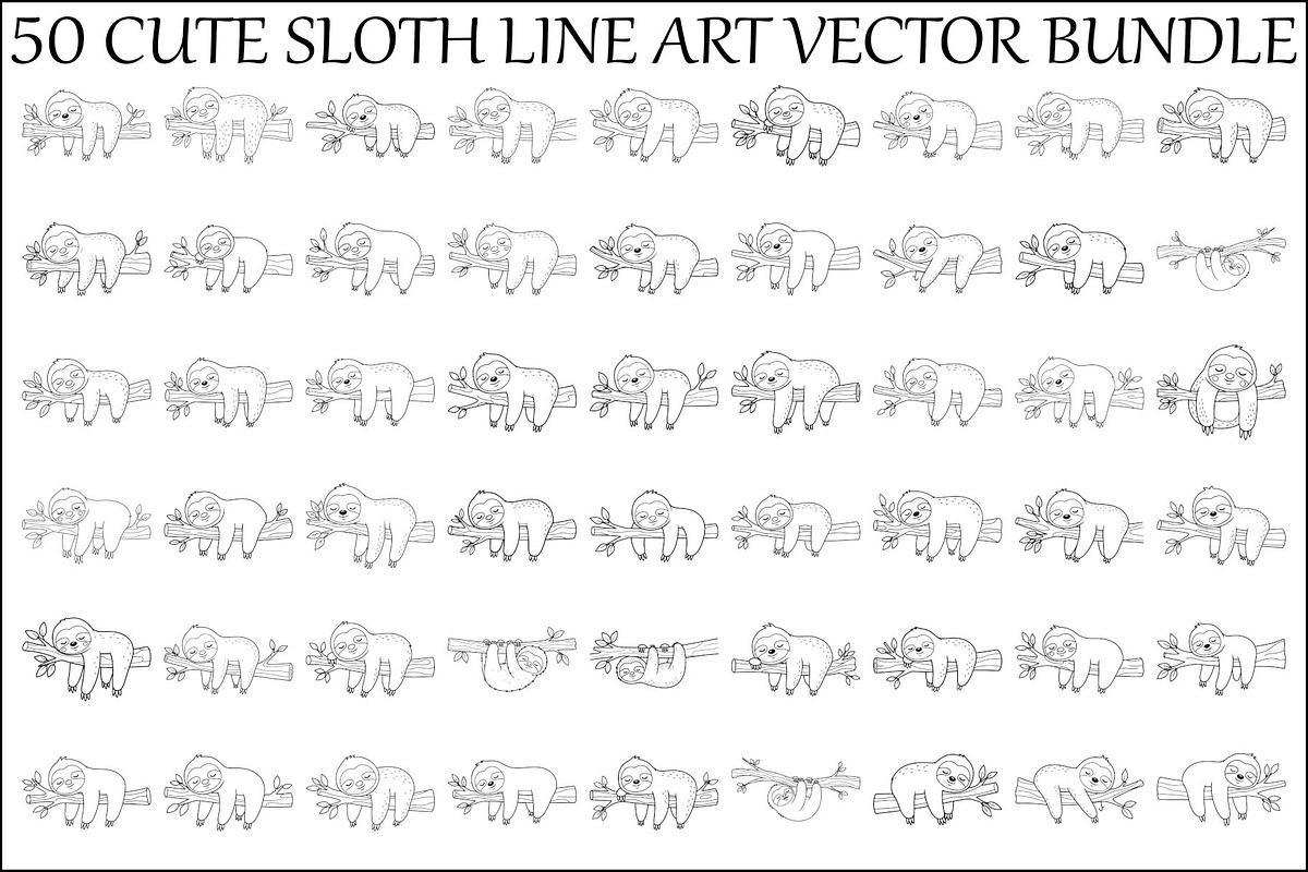 Cute Sloth Line Art Bundle, an Illustration by musafir_fashion (Photo 1 of 51)
