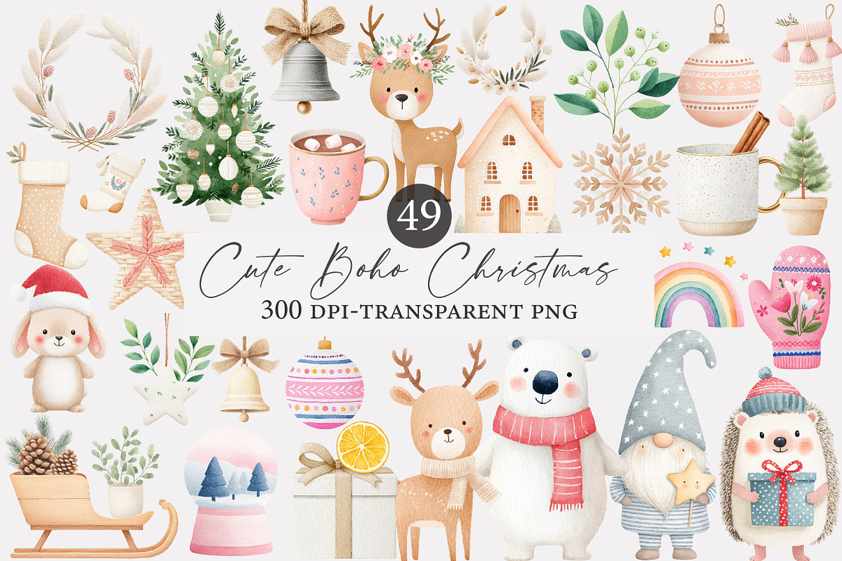 Cute Boho Christmas Watercolor Clipa, an Illustration by Designworld (Photo 2 of 5)