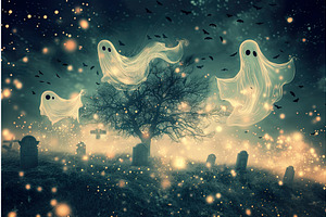 Spooky graveyard scene with flying, an Illustration by Lermont51