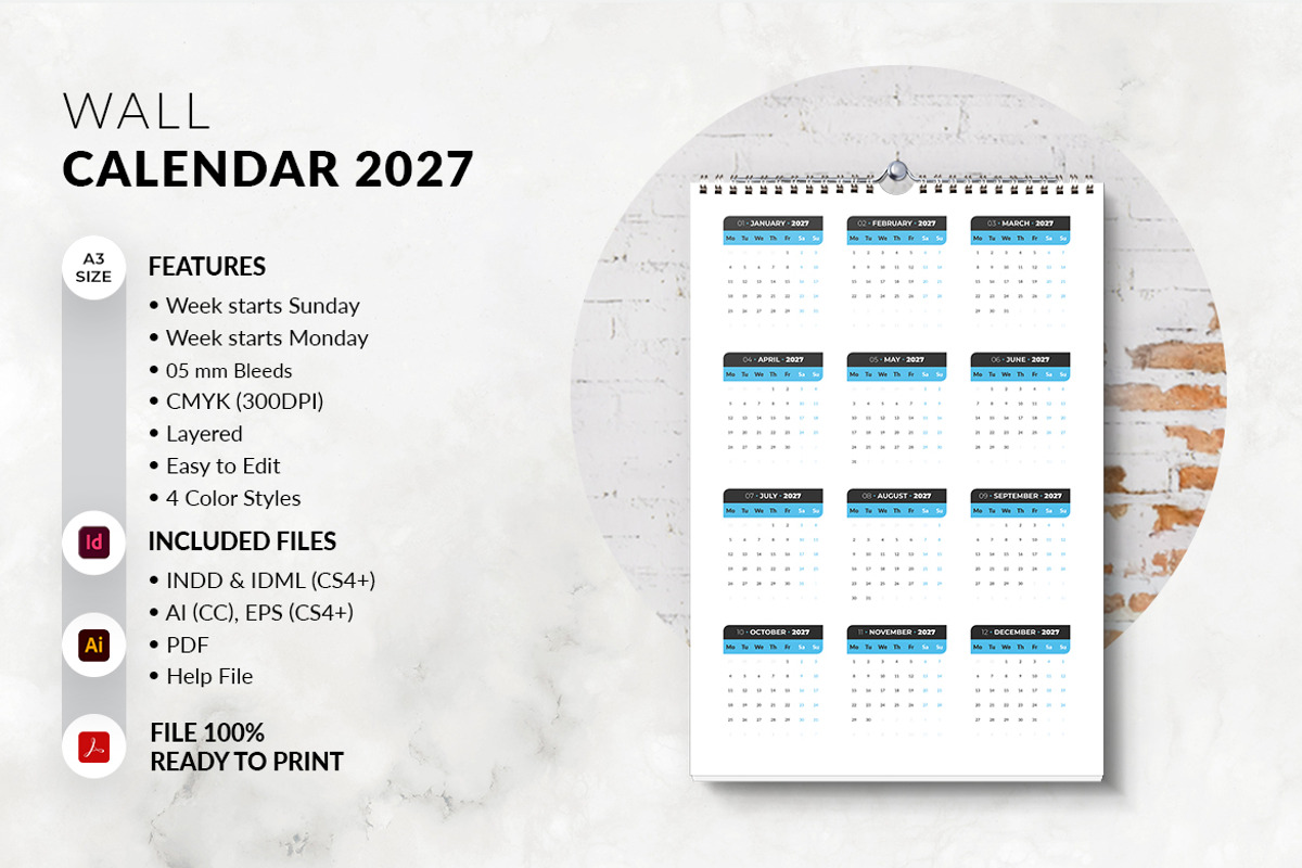 Minimalist 2027 Wall Calendar, a Stationery Template by MstArtwork (Photo 6 of 7)
