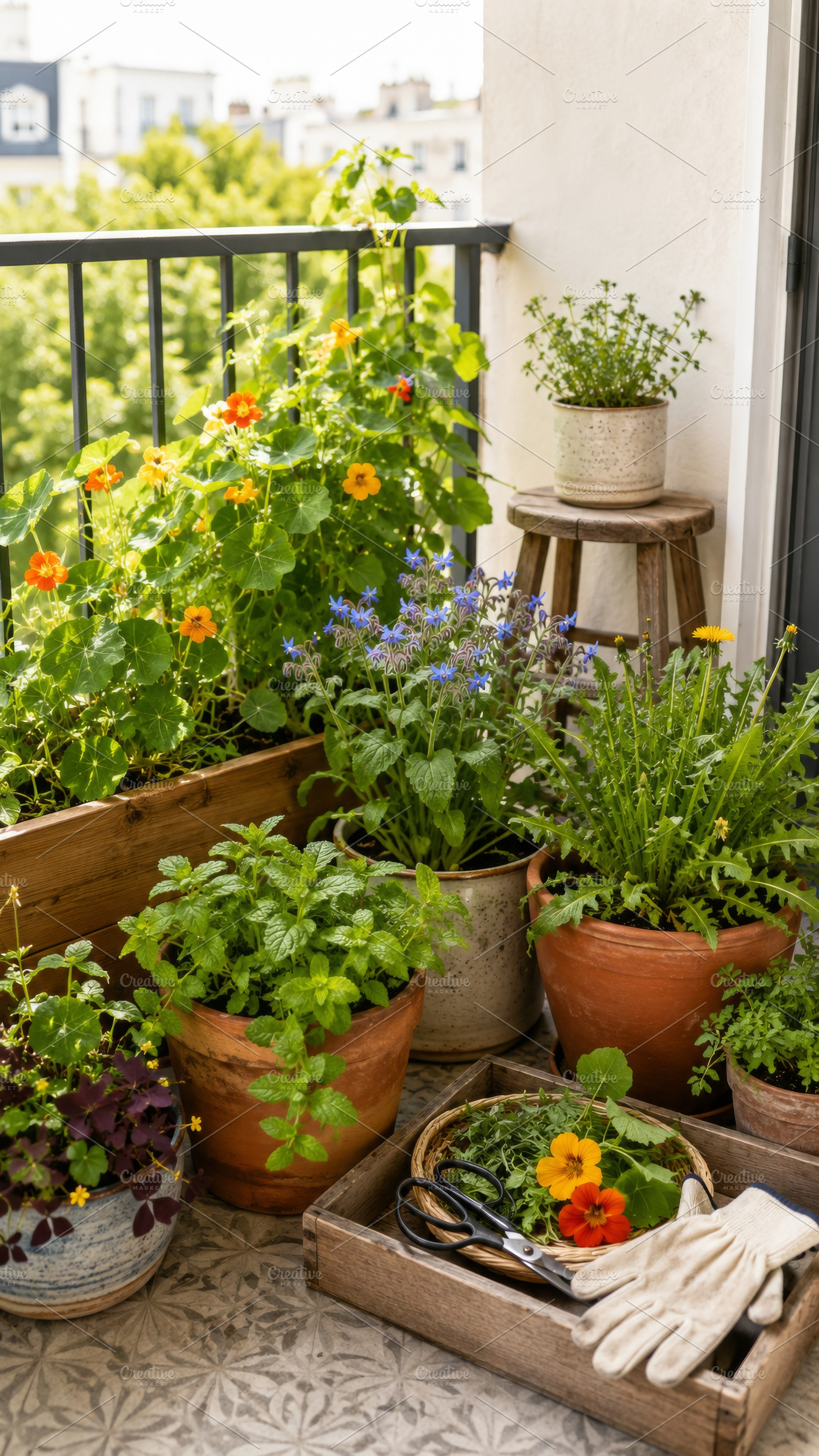 Container garden with various plants, a Photo by Dvoevnore photos