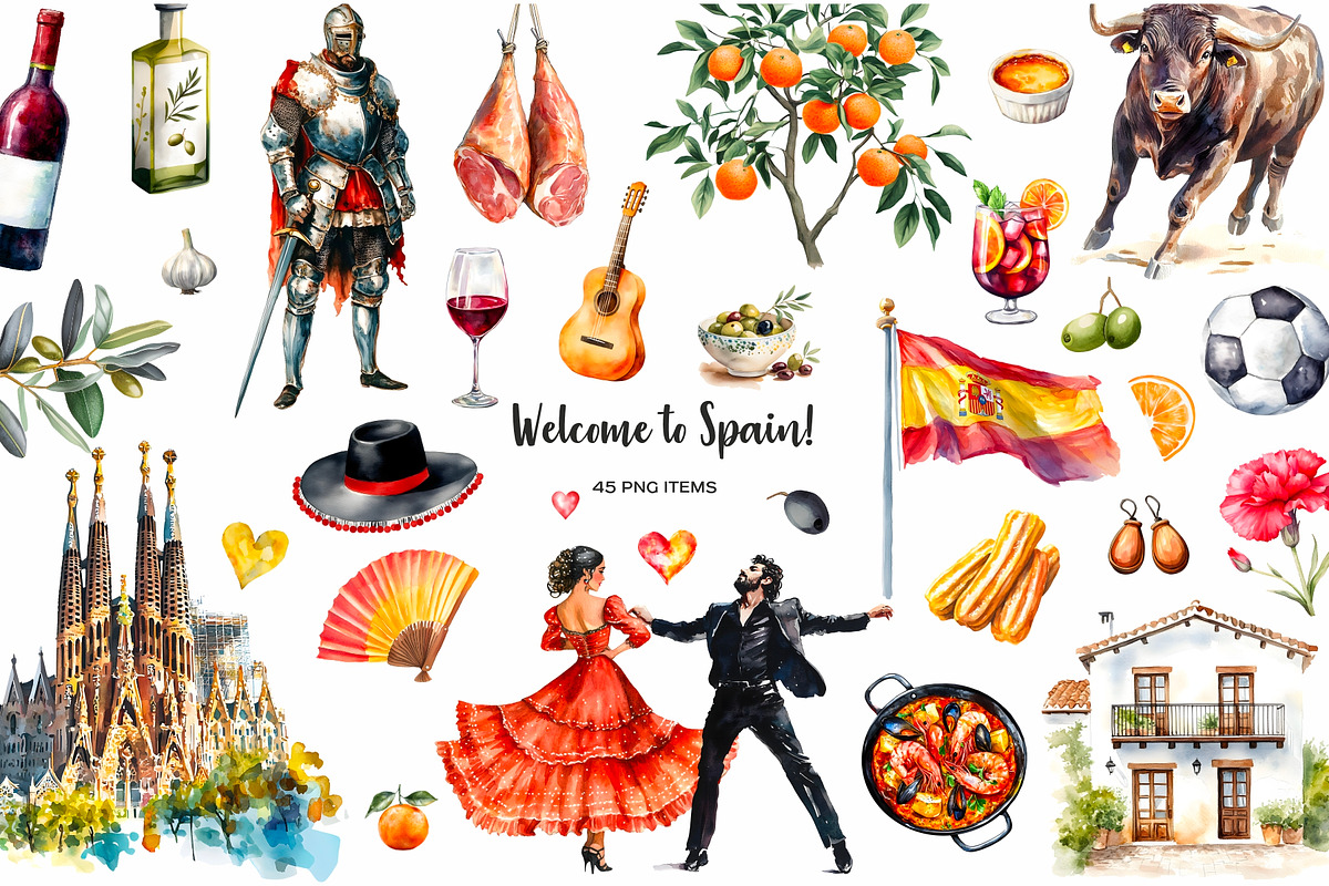 Watercolor Spain symbols clipart, an Illustration by Art and Funny (Photo 1 of 4)