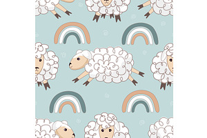 Cute sheep jumping among rainbows, an Animal Illustration by Toltemara