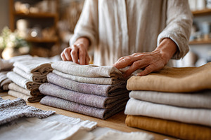 Designers arrange fabric and sketches in a fashion studio focused on natural ma, a Photo by AlyaAnd