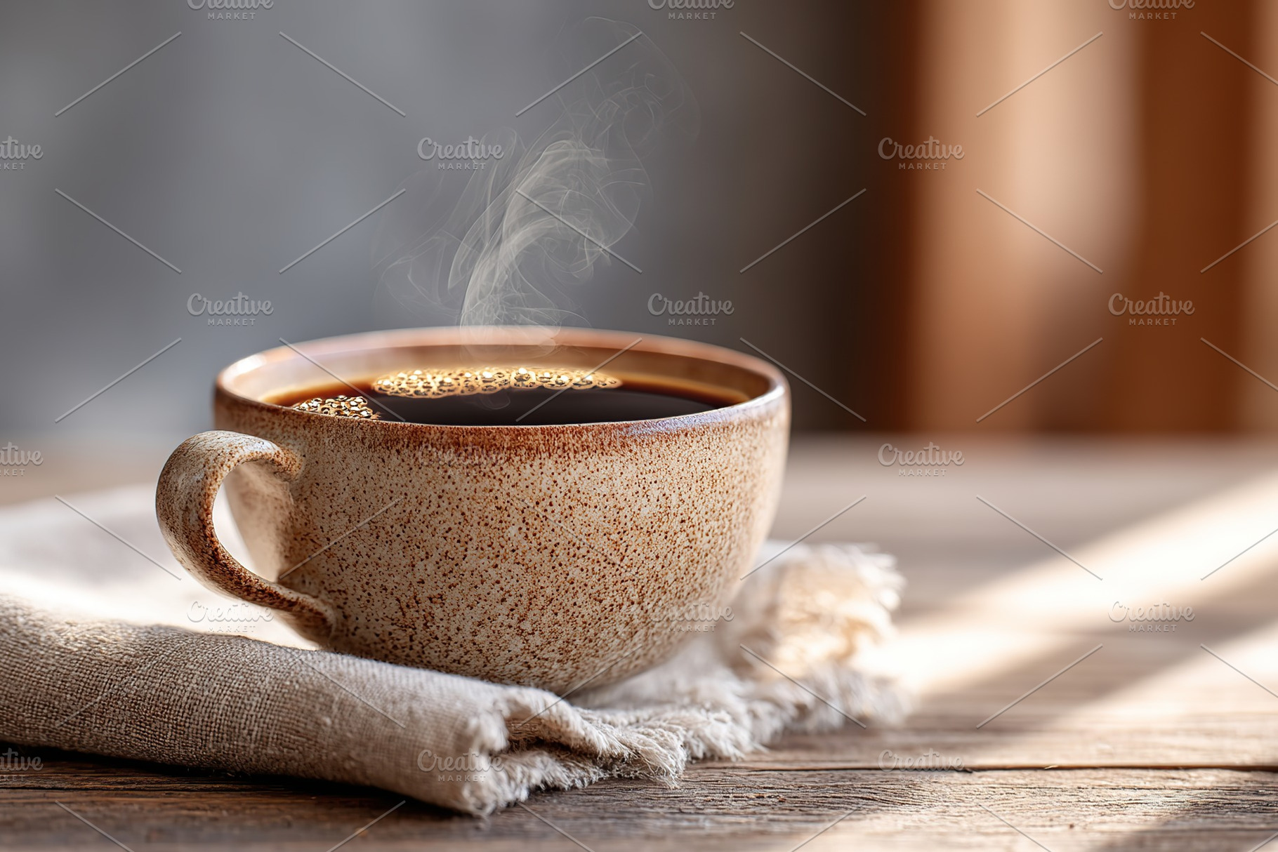 Warm coffee cup sits on wooden table with steam rising in cozy interior setting, a Food & Drink Photo by AlyaAnd