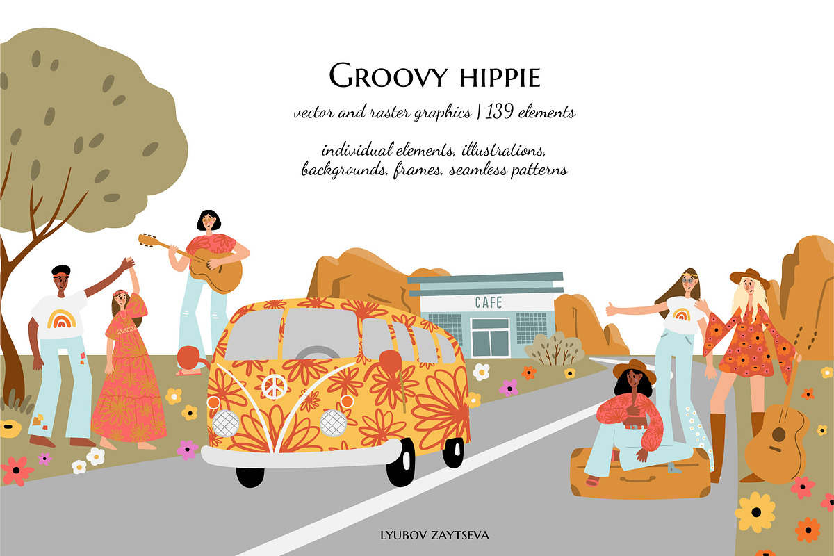 groovy hippie clipart, retro 70s set, a Person Illustration by LyubovZaytseva (Photo 1 of 23)
