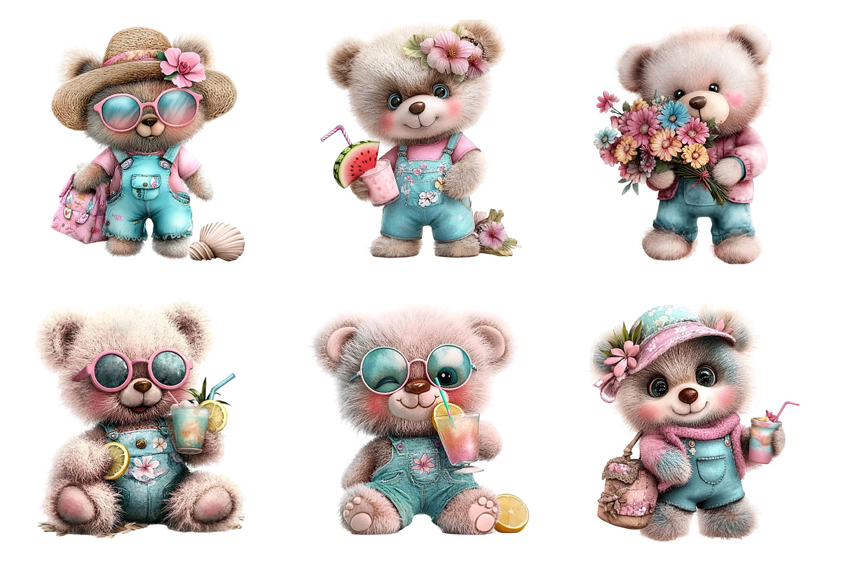 Whimsical summer teddy bear clipart, an Illustration by SinaCreation (Photo 3 of 9)