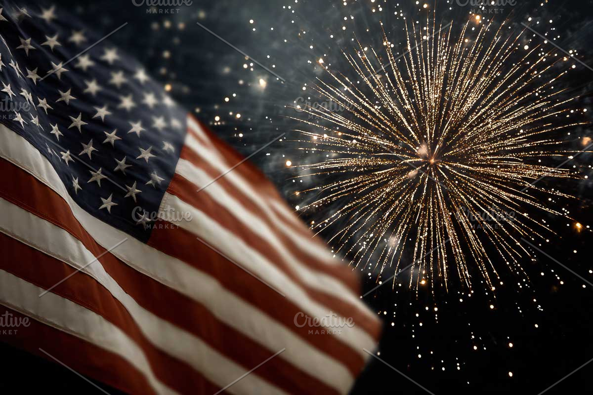 American flag and fireworks 4th July, a Graphic by VetalStock