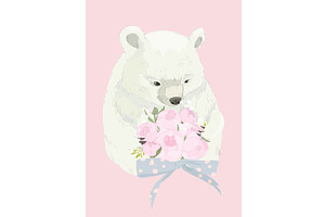 Cute Polar Bear holding Bouquet of, an Animal Illustration by Maria Starus