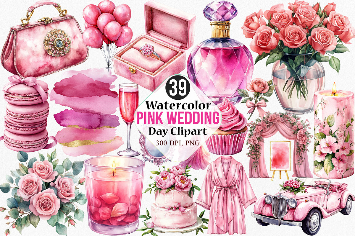 Watercolor Pink Wedding Day Clipart, an Illustration by Canvas Craft (Photo 1 of 8)