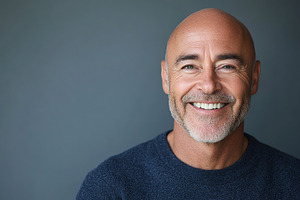 Portrait of middle age bald man on grey background, a Person Photo by AlyaAnd