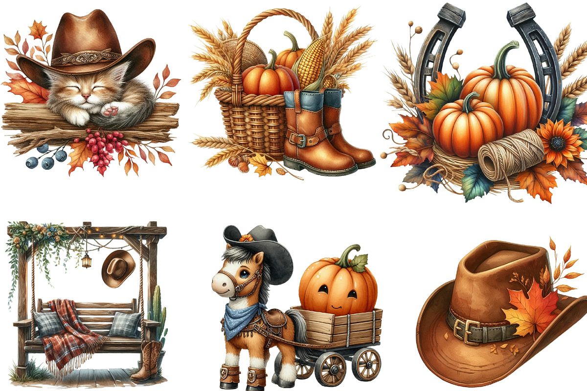 Watercolor Cowboy Autumn Clipart, an Illustration by Designking (Photo 3 of 4)