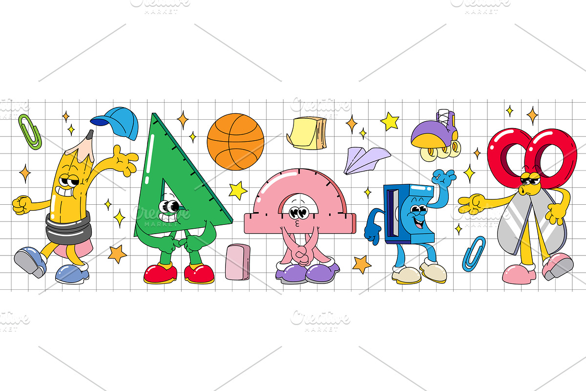 Retro school stationery characters, an Object Illustration by art PVP - market