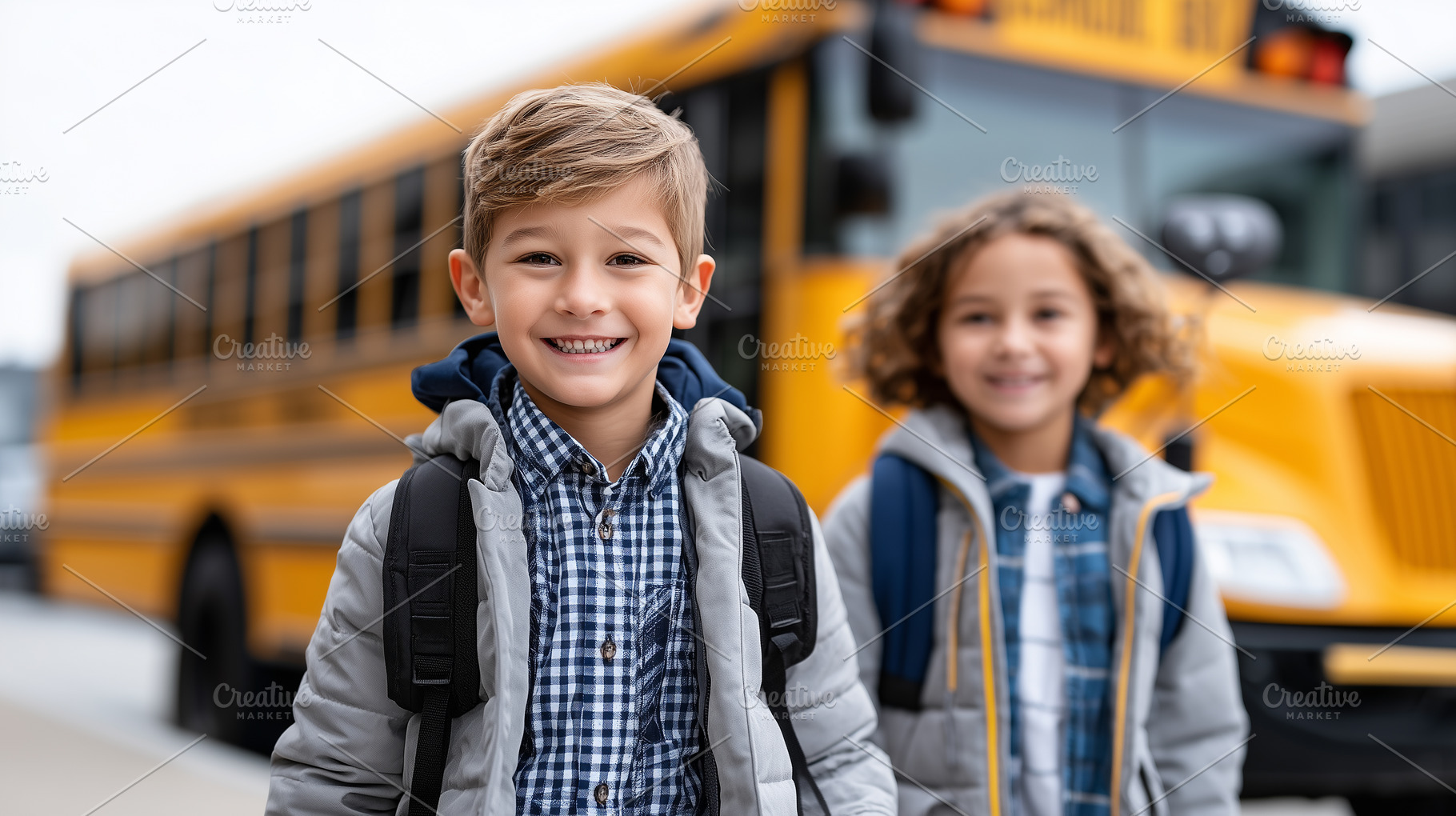 Two smiling boys with backpacks, a School & Education Photo by MistyDay