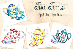 Watercolor Teapots And Cups