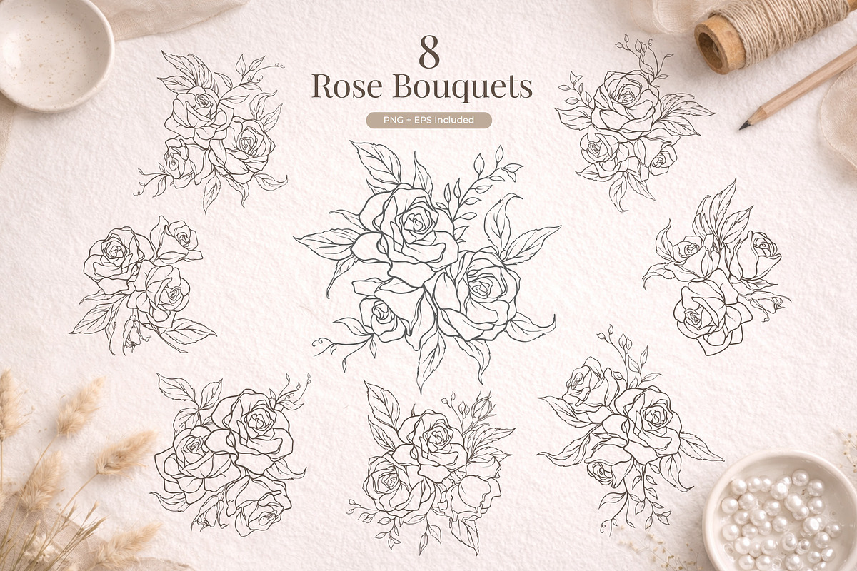 Elegant Rose Line Art Elements, a Decorative Illustration by Papatongartist (Photo 6 of 11)