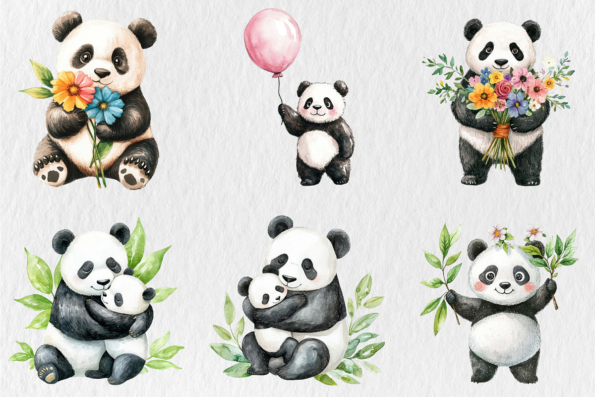 Watercolor Cute Panda Clipart, a Seasonal Illustration by Rose Art (Photo 4 of 4)