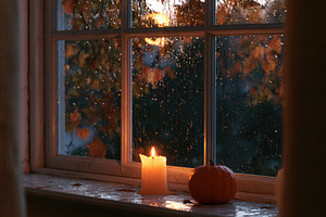 Halloween rainy window with candle and pumpkin, a Food & Drink Photo by José Manuel Gelpi
