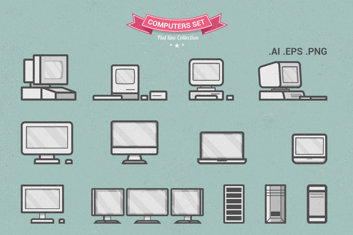 Flat Line Computers Set, a Technology Illustration by Bobboz Store