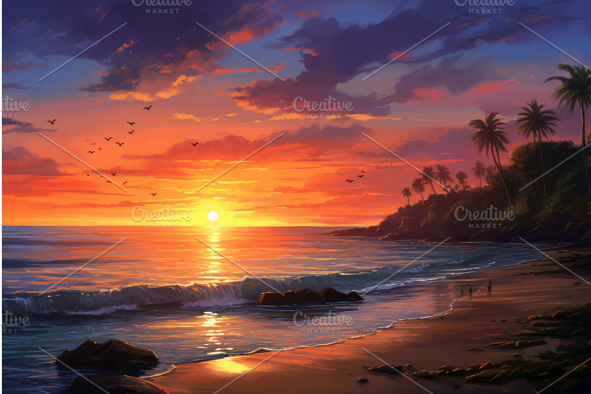 Picturesque Morning beach sunrise, an Illustration by Ylivdesign