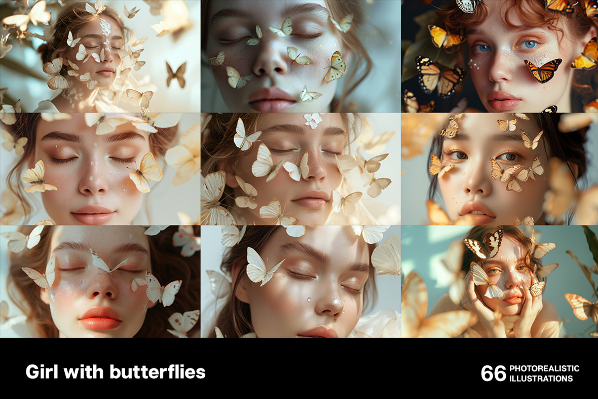 Girl with butterflies. 66 images, a Person Illustration by Handmadefont (Photo 6 of 14)