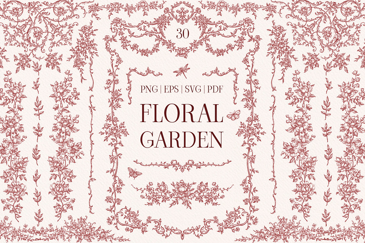 Burgundy Floral Garden Borders, a Decorative Illustration by Ekaproeka (Photo 1 of 6)
