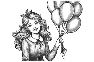 girl smiling with balloons in hand, an Illustration by AlexArt
