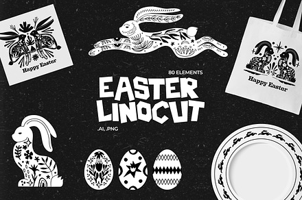 Easter linocuts with rabbits