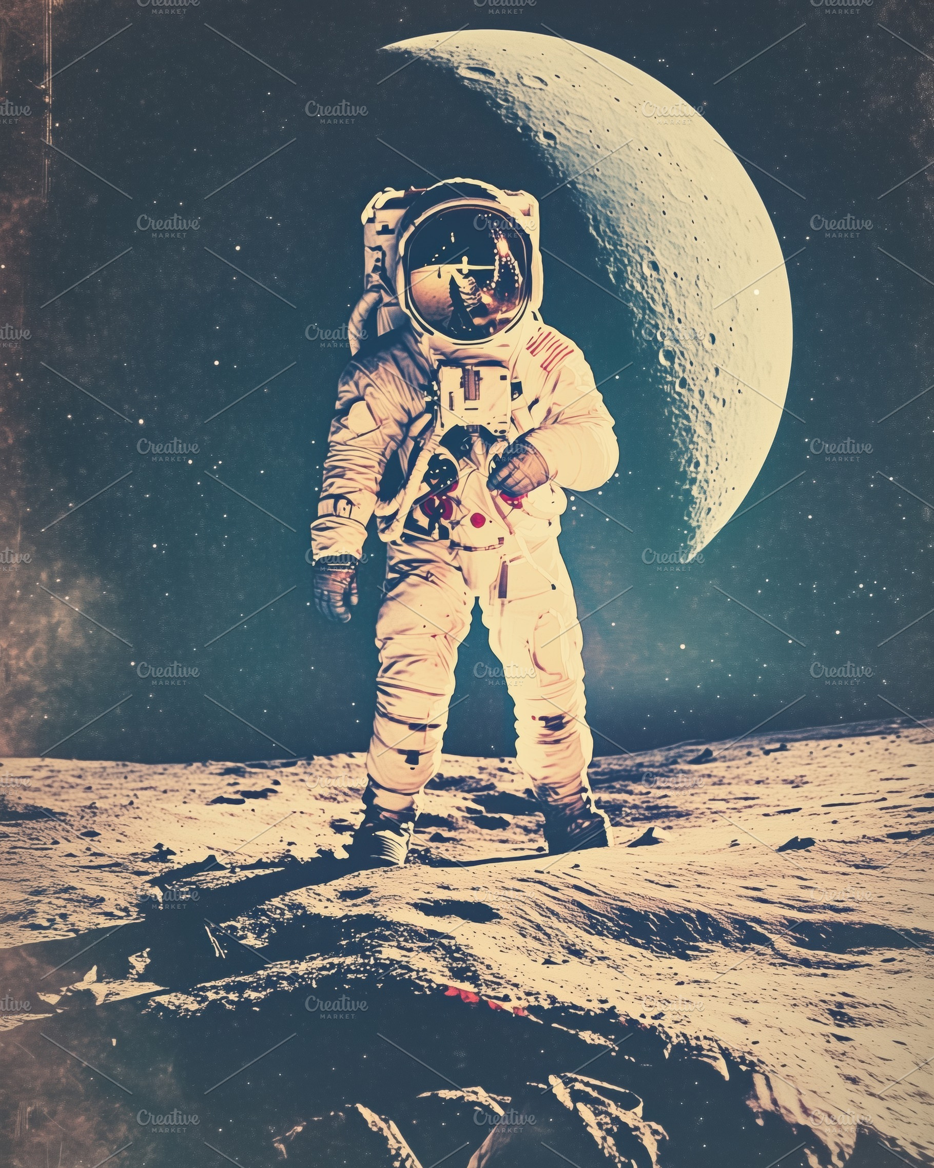 An astronaut standing on the moon's surface, with a large moon in the backgroun, an Arts & Entertainment Photo by Textures & Backgrounds