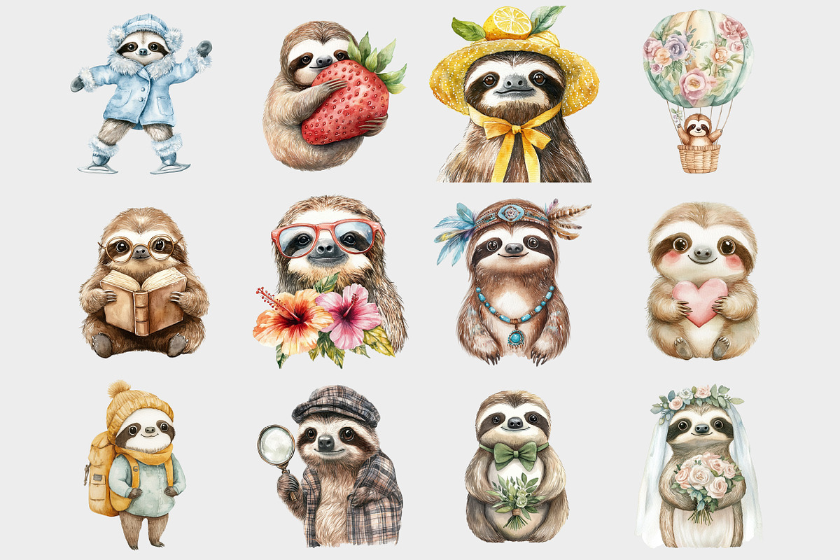 Watercolor Sloth Clipart, a Seasonal Illustration by Design Market (Photo 2 of 4)