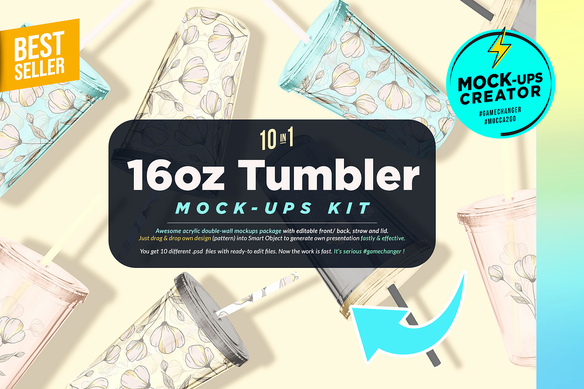 16 oz Acrylic Tumbler 10xMock-ups, a Packaging Mockup by Mocca Mockups Store (Photo 1 of 6)