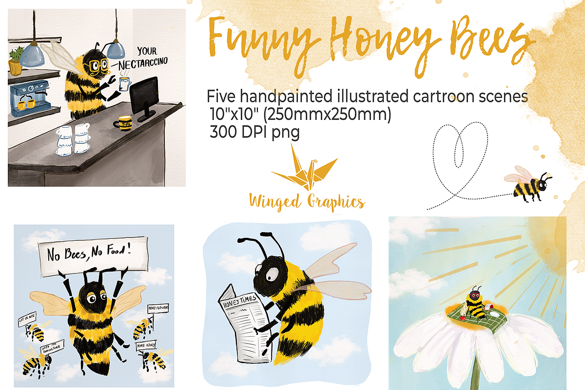Fun illustrated bee scenes set of 5, an Animal Illustration by Winged Graphics (Photo 1 of 3)