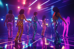 A vibrant dance floor scene featuring multiple dancers in shiny, metallic outfi, an Arts & Entertainment Photo by Textures & Backgrounds