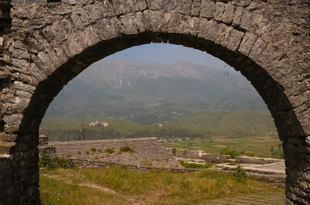 Panoramic view to Gjirokastra castle with the arch , Gjirokaster, Albania