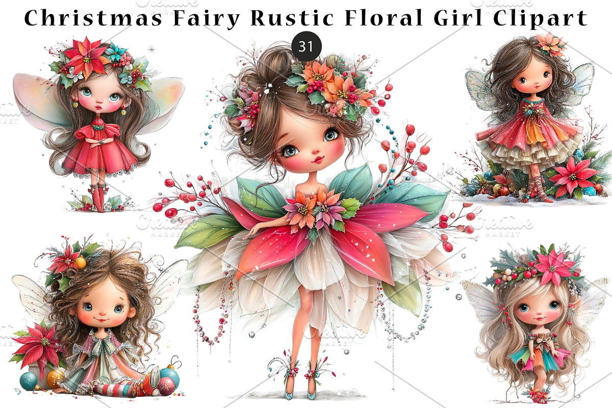 Christmas Fairy Rustic Floral Girl, a Seasonal Illustration by CreationArt (Photo 1 of 4)