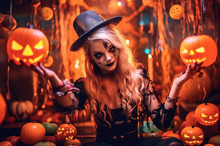 Beautiful woman with scary makeup for a Halloween - themed party, a Holiday Photo by designvectx