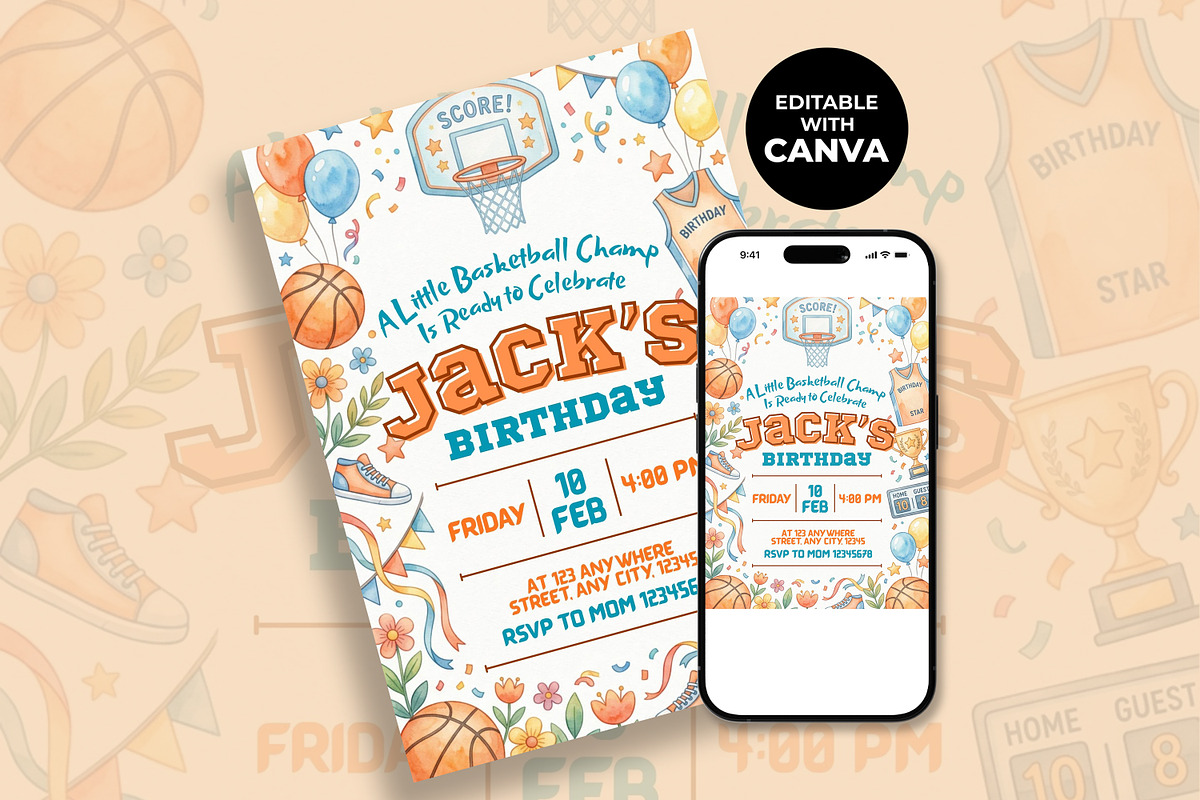 Basketball Birthday Invitation, an Invitation Template by M9 Design (Photo 2 of 4)