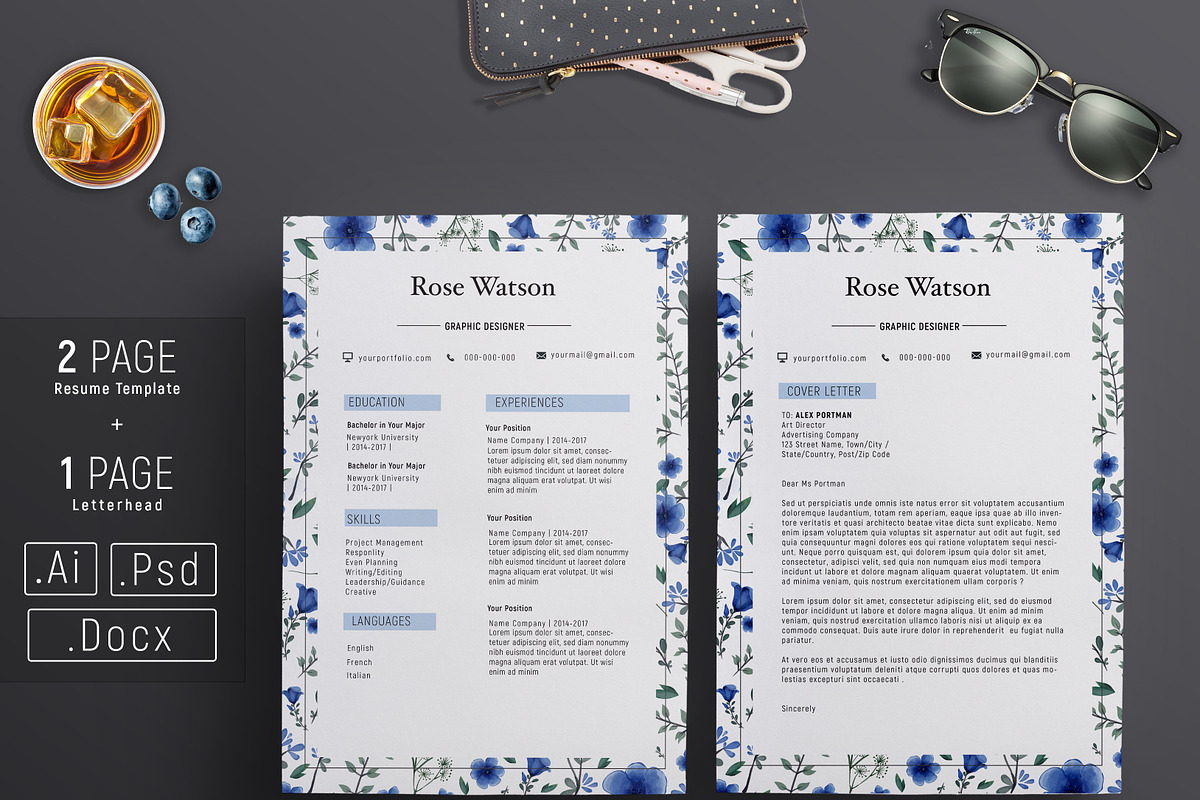 Floral Watercolor CV Template / G, a Resume Template by Showy68 Template (Photo 1 of 5)