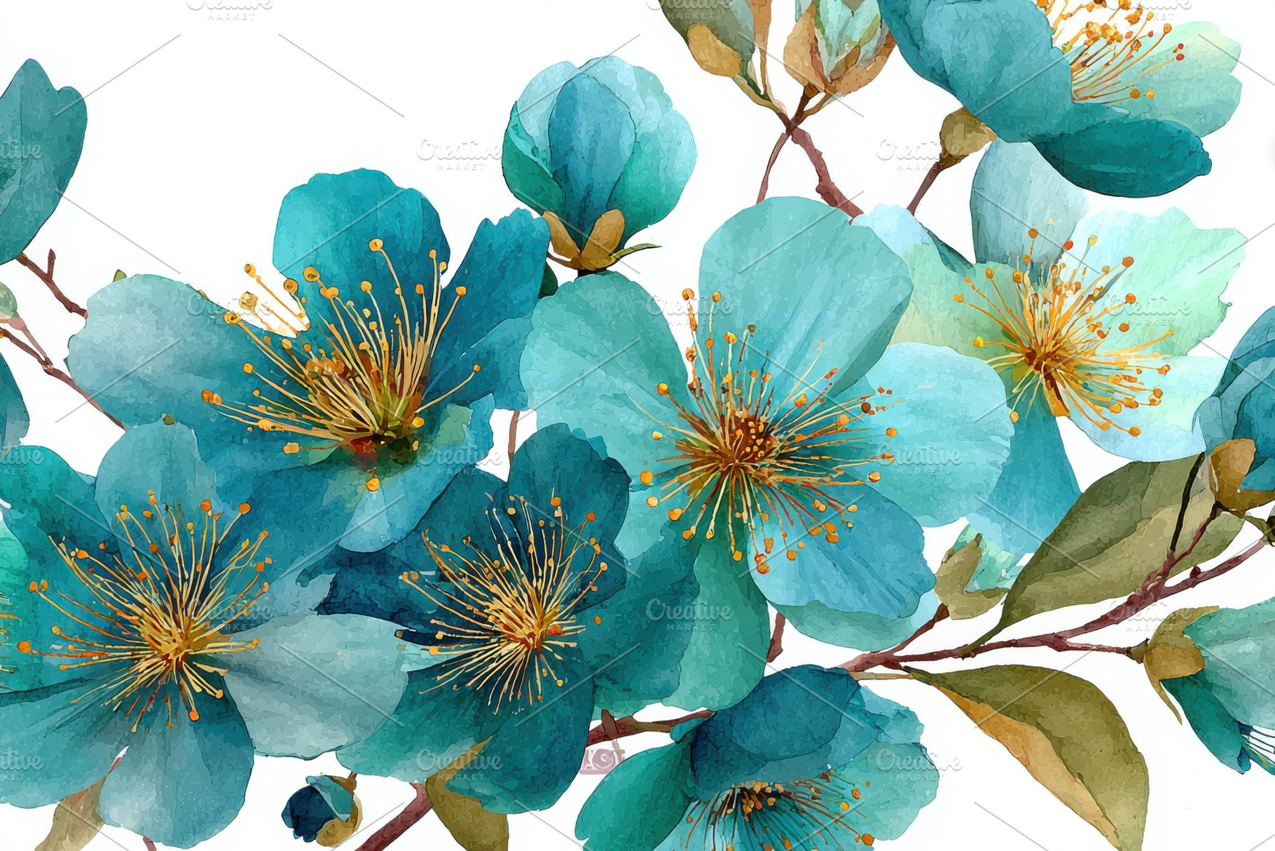 Teal watercolor flowers blooming bra, a Photo by Pixeness Studio