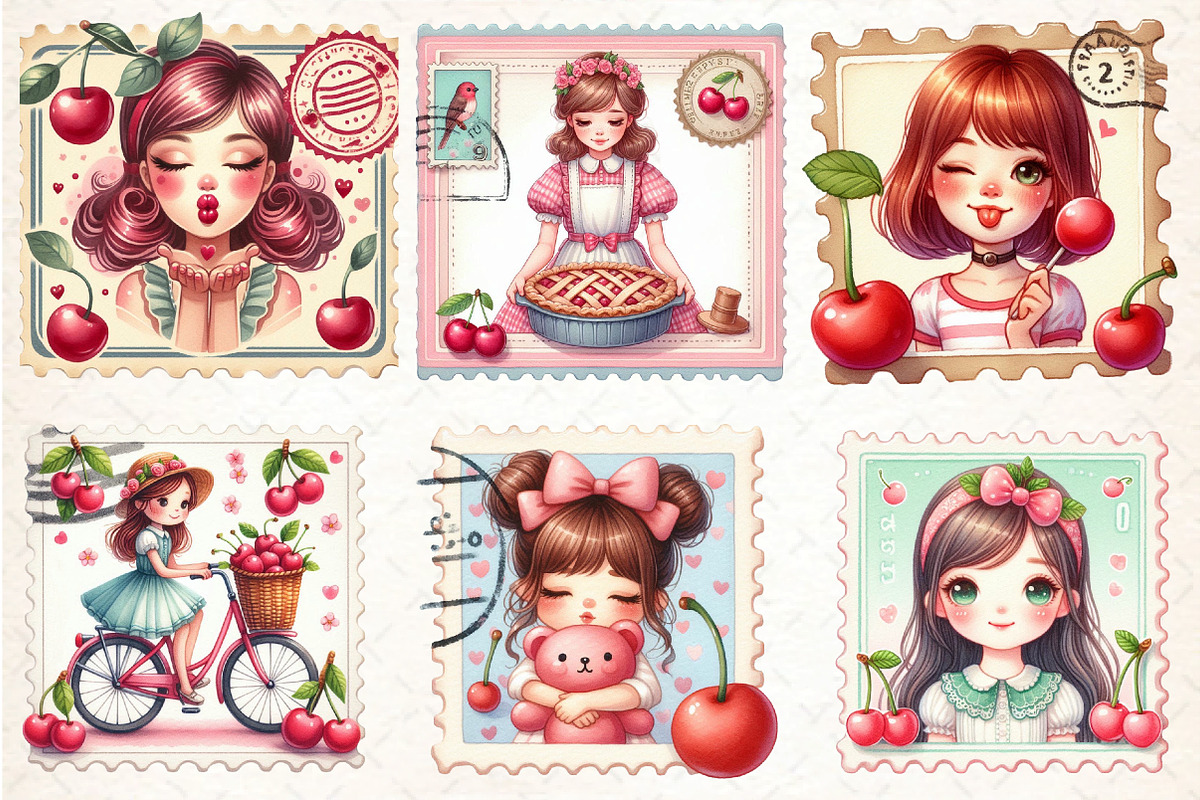 Cherry Girl Postage Stamps, an Illustration by DreamCafeArt (Photo 2 of 8)