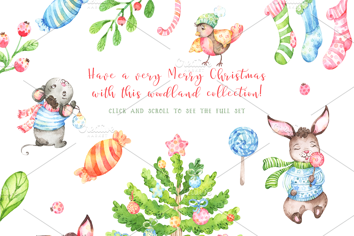 Very Merry Christmas Watercolor set, an Animal Illustration by Tatiana Troian (Photo 2 of 9)