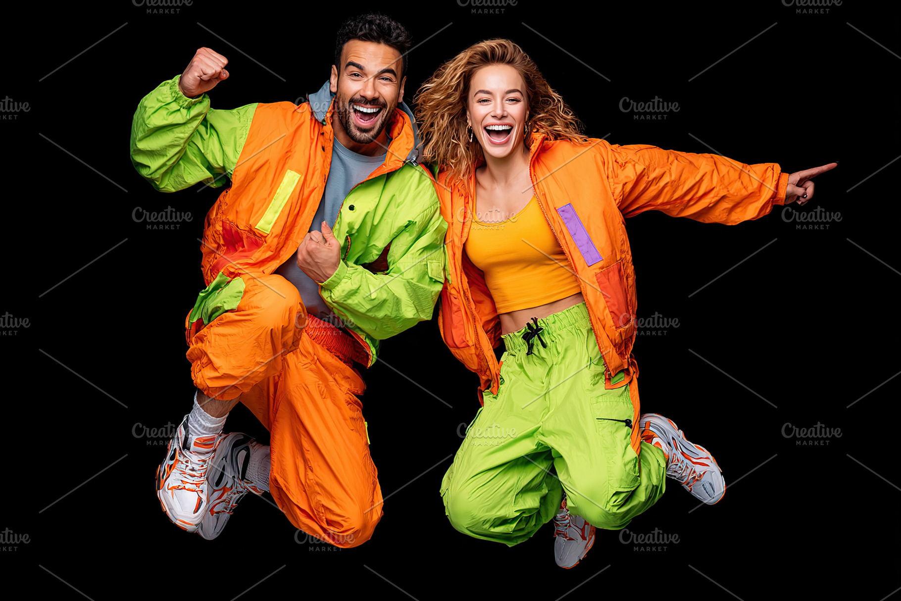 Couple celebrates joyfully in vibrant sportswear during an energetic dance perf, a Photo by AlyaAnd