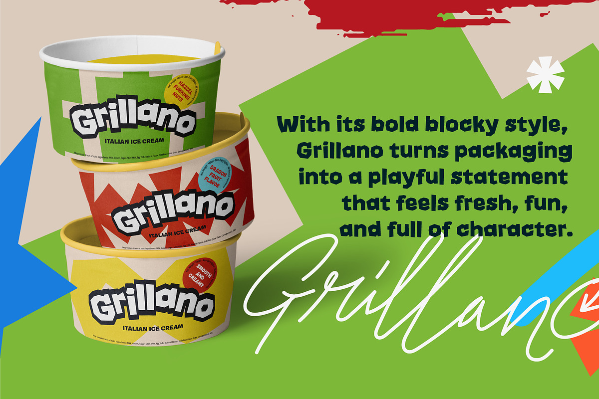 Grillano – Fun Blocky Display Font, a Sans Serif Font by Juru Rancang Studio (Photo 5 of 6)