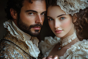 Elegant couple in vintage attire pos, a Photo by Tanuart