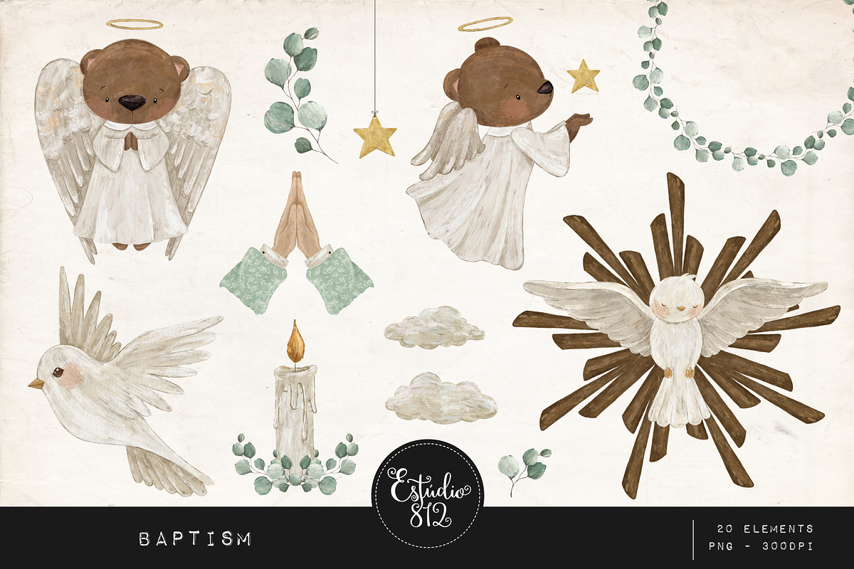 Baptism vintage clipart set, an Animal Illustration by Estudio 812 (Photo 1 of 6)